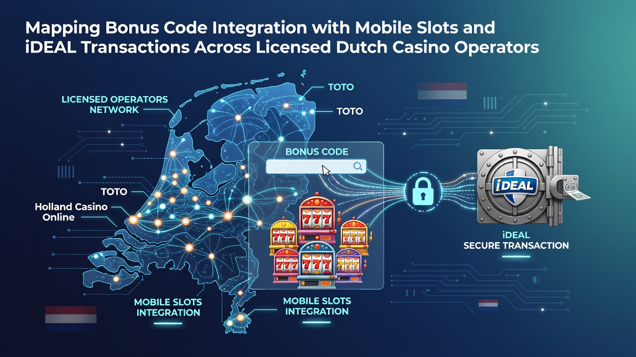 Illustratie van mobiele slot interfaces met bonuscode integratie en iDEAL betalingen bij Nederlandse casino's