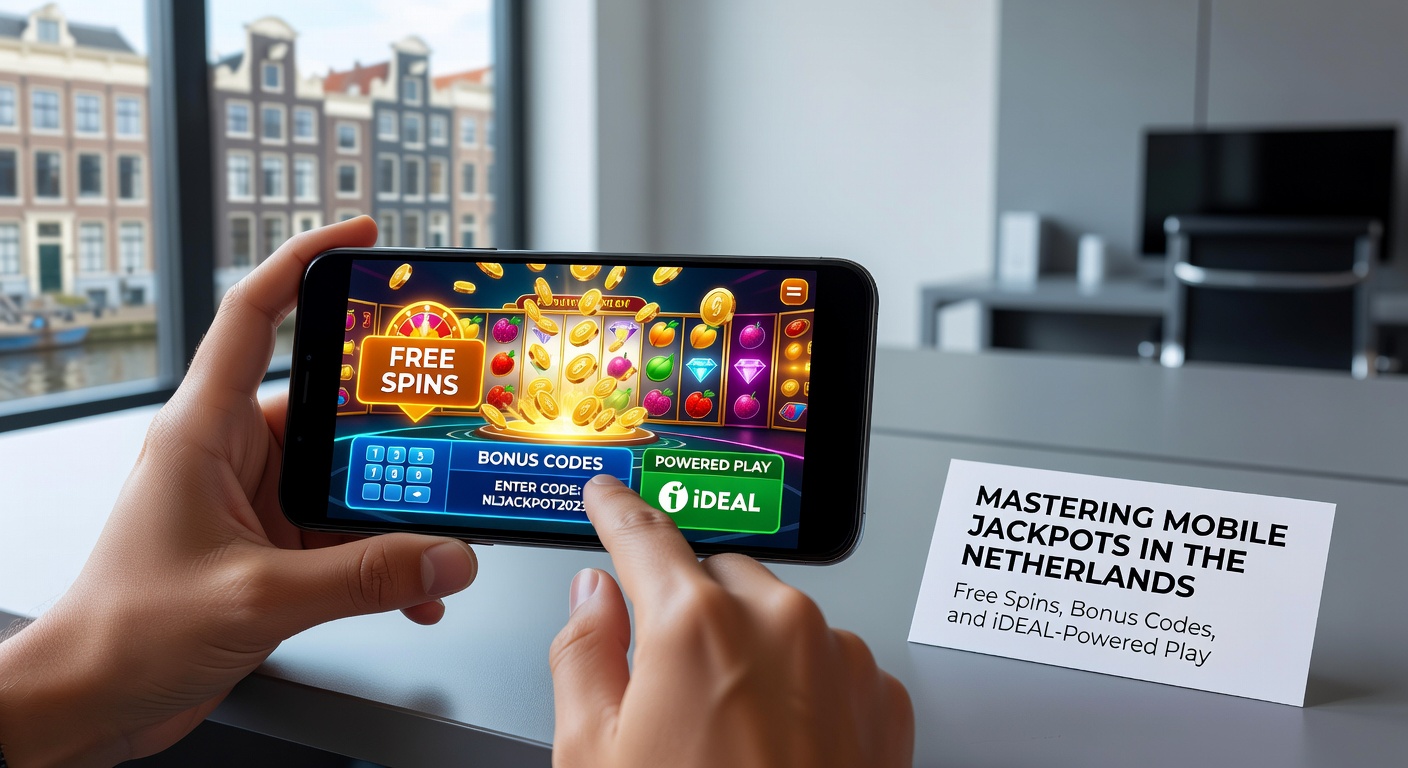 Smartphone met draaiende jackpot slot in Nederlandse setting, met iDEAL logo en gratis spins iconen