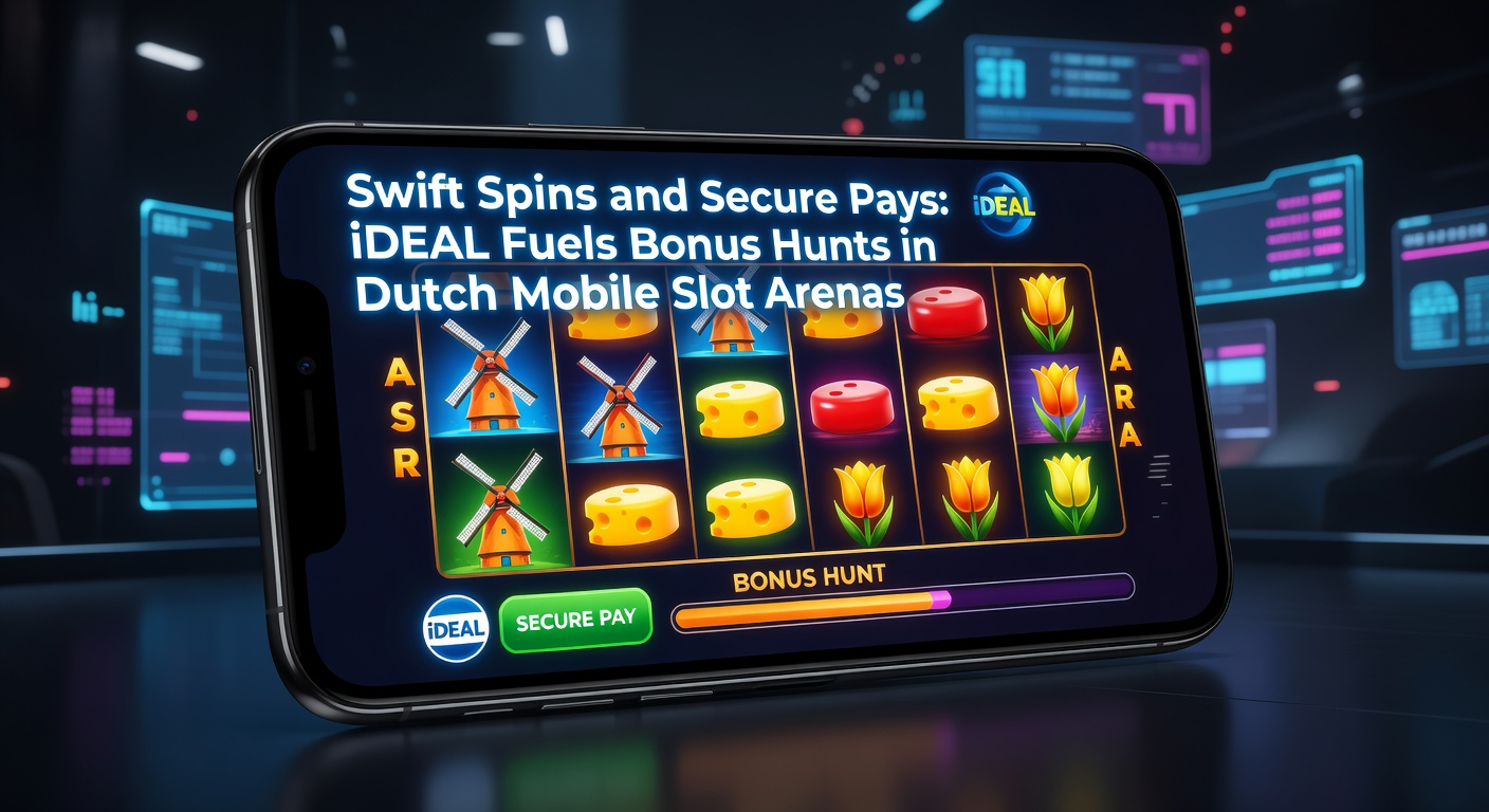 Dynamische weergave van mobiele slotspins met iDEAL-betaallogo's en bonusfeatures in actie op een smartphone-scherm