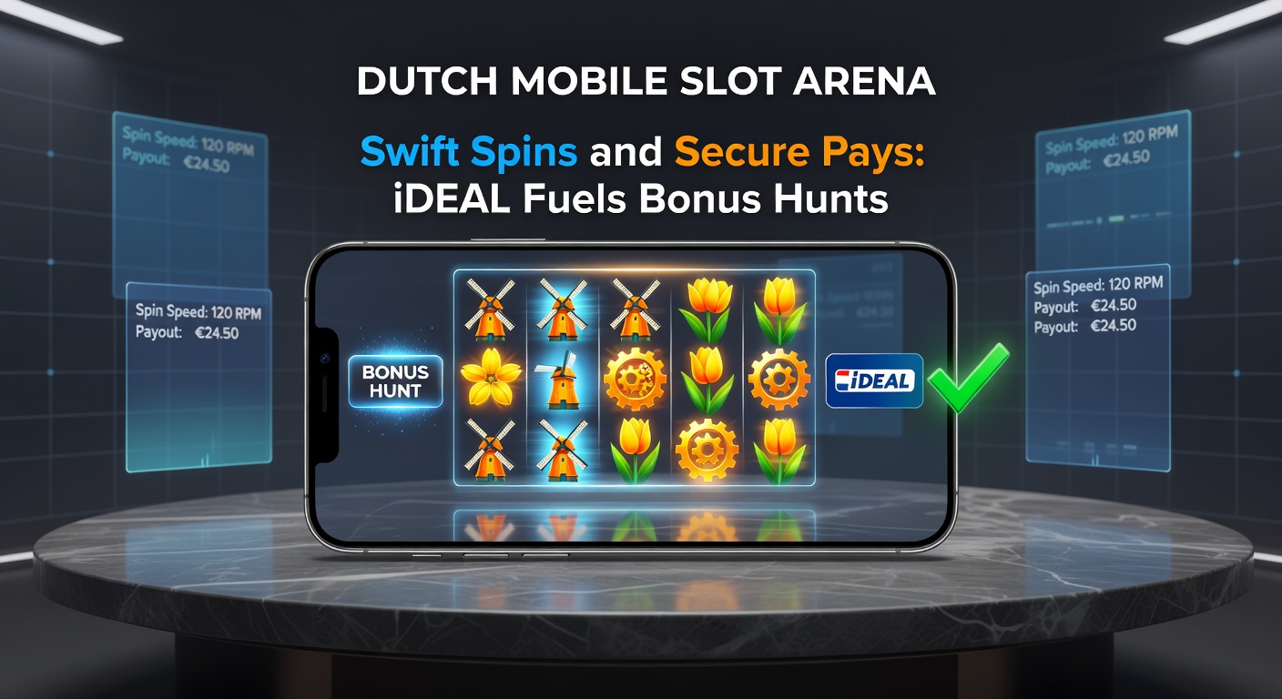 Close-up van een mobiel slotspel met exploderende bonuswinsten, iDEAL-betaalknop en snelle cashout-animatie op een Nederlands casino-app